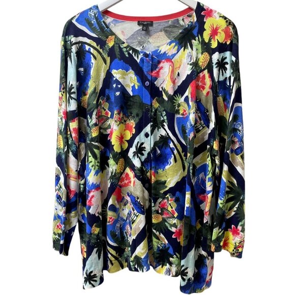 TALBOTS Cardigan Plus Size 3X Multicolor Tropical Print Light Sweater Cotton Ray - Picture 1 of 9